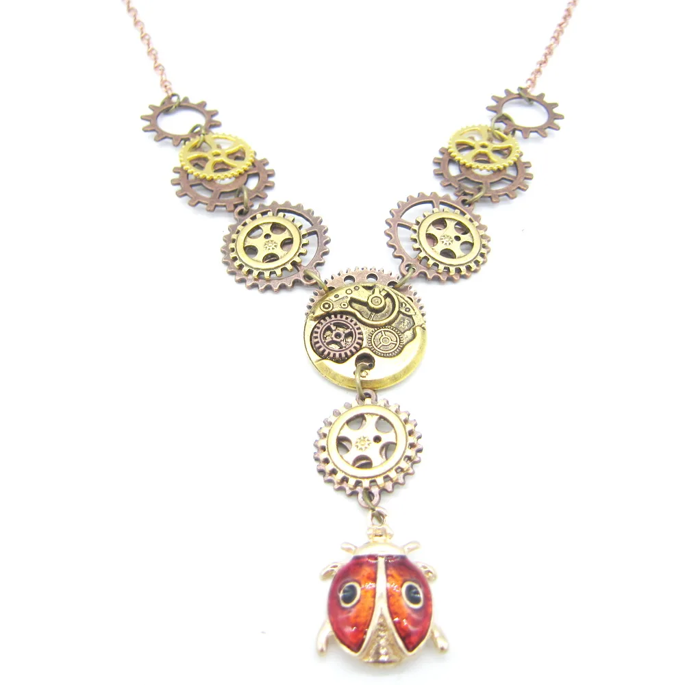 Y Shape Golden Ox Mixed Gears and Smart Red Beatle Drop Vintage Steampunk Necklace