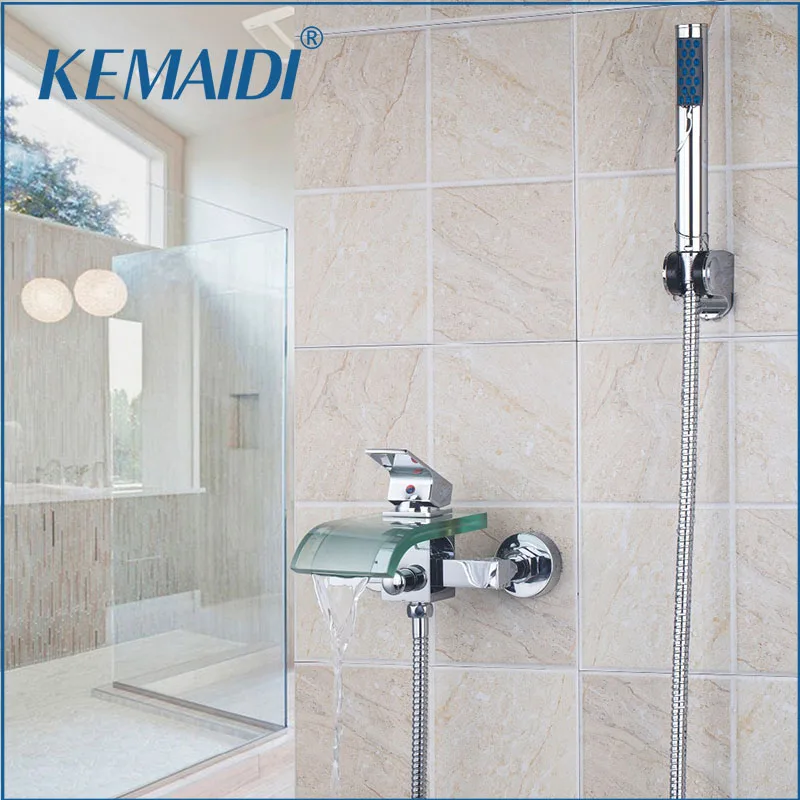 

KEMAIDI New Glass Spout Tub Shower Faucet Set chuveiro banheira Chrome Wall Mount + Handheld Shower Tap Mixer Faucets