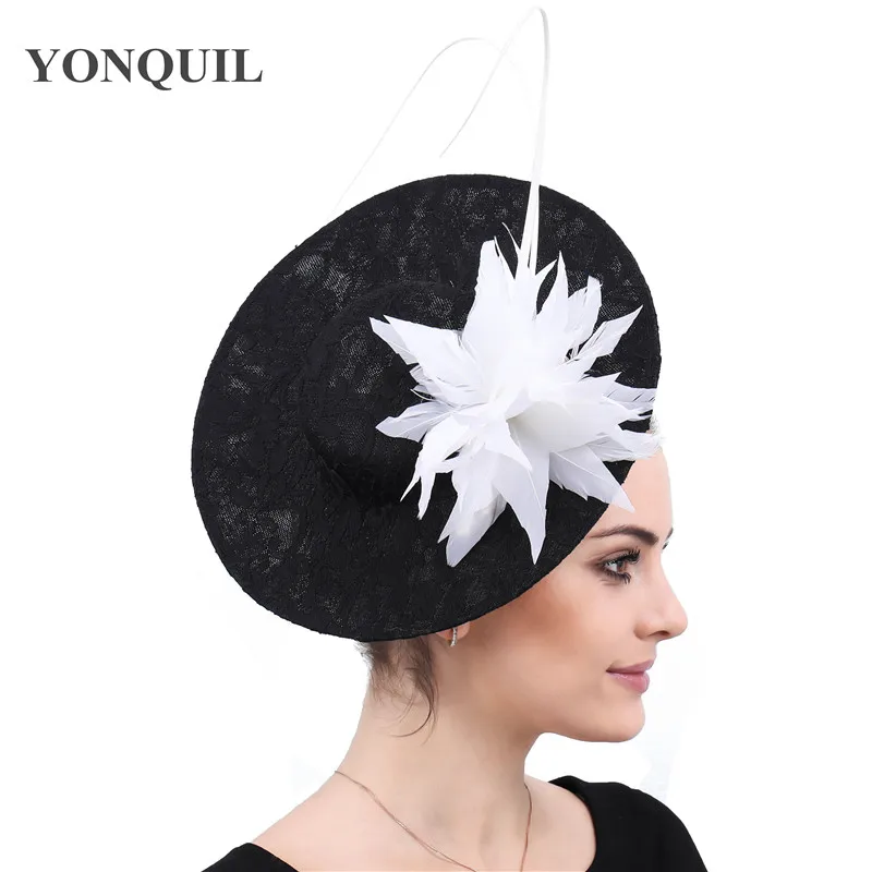 Ladies Vintage Balck Lace Big Derby Chapeau Cap Wedding Fascinaors Hair Clips For Woman Party Cocktail Formal Millinery Hats