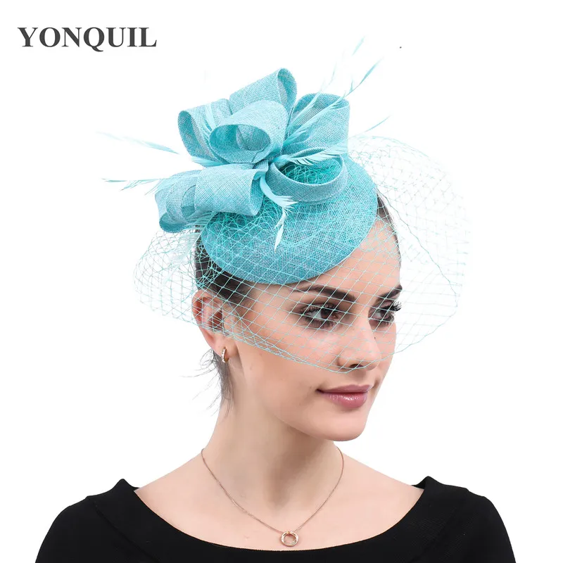 Turquoise Classic Mesh Fascinating Hair Clip Hat Headband Bowler Feather Bridal wedding Veil Wedding Party New Hair Clip SYF567