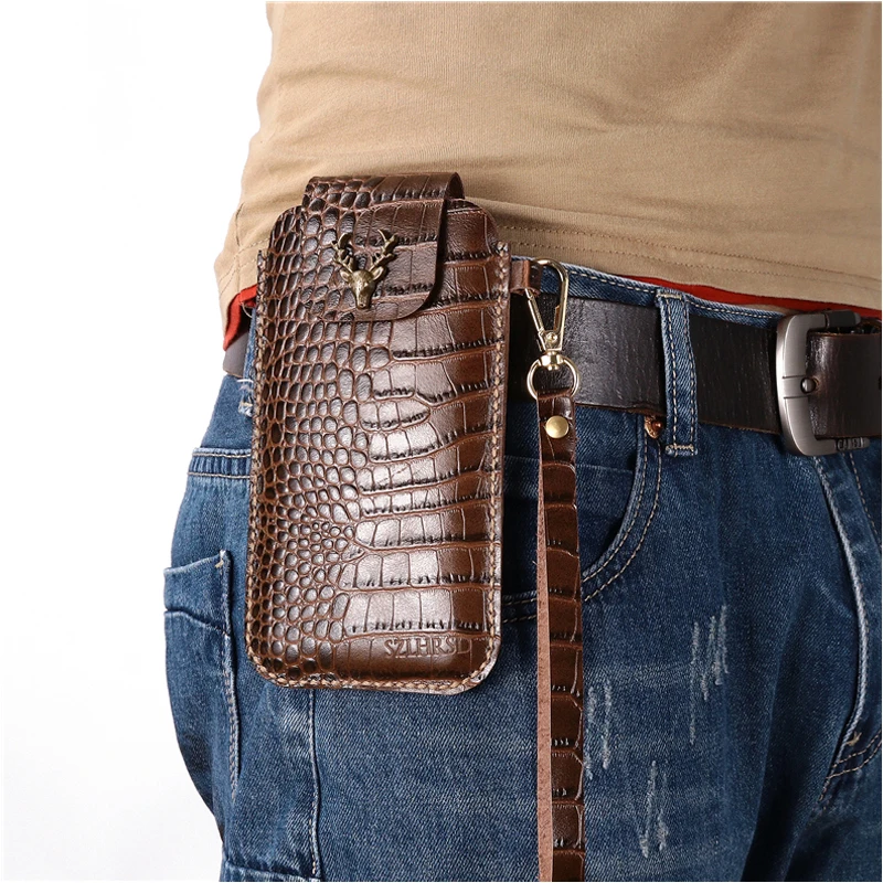 Wrist Hanging Men Genuine Leather Case Mobile Phone Waist Bag Wear Belt Verticle Waist Bag for Samsung Galaxy A20e A30 A10