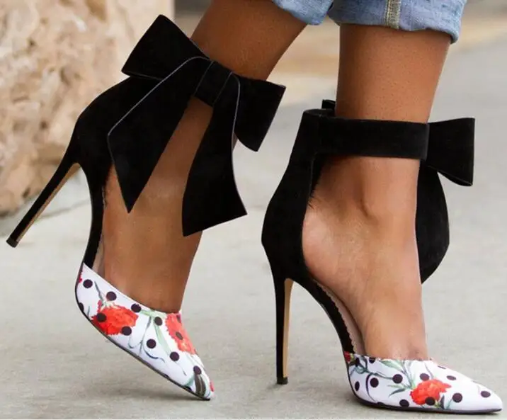 

2017 Summer Spring Women Brand Flower Pointed Toe Big Bow Tie Butterfly High Heel Dress Pumps Big Size Party Shoes 42