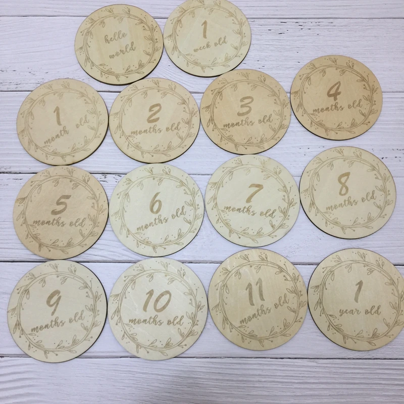 set of 14pcs Personalized laser engraving wood Newborn announcement wood sign baby milestone blanket