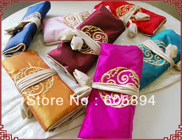 Silk Fabric Embroidered  Travel Roll Up Jewelry Bag Storage Case Zipper String Packaging Pouches 10pcs/lot mix color Free