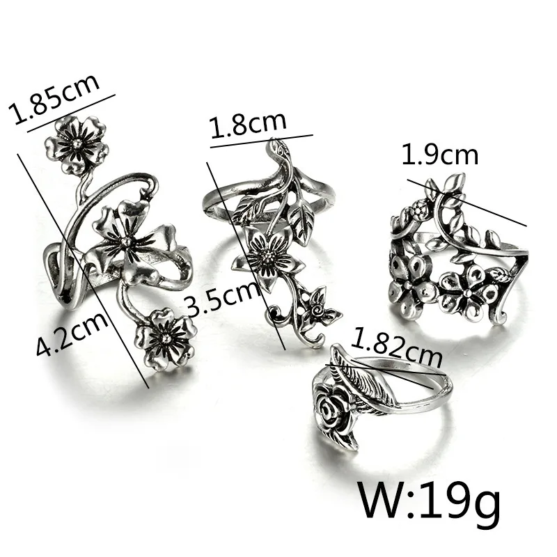 4pcs Vintage Rose Flower Ring Set for Women Antique Silver Color Leaf Carving Knuckle Rings Bohemian Jewelry Statement 008