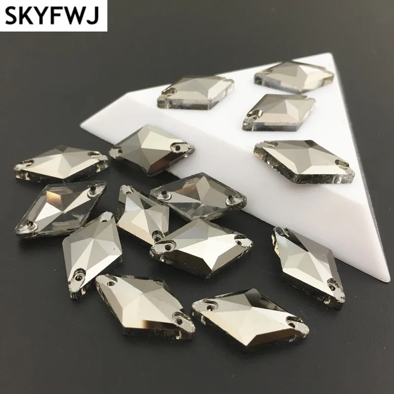 Jet Hematite Color Glass Rhombus Shape Sew On Rhinestone Flatback Sewing Crystal Stones Dress Jewelry Making 11x19mm