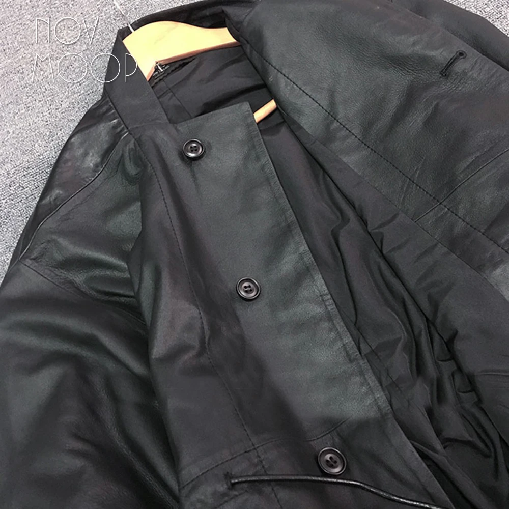 Women black genuine leather corrected grain lambskin leather coats jacket tie waist elasticized rib knit panel at sleeve LT2477