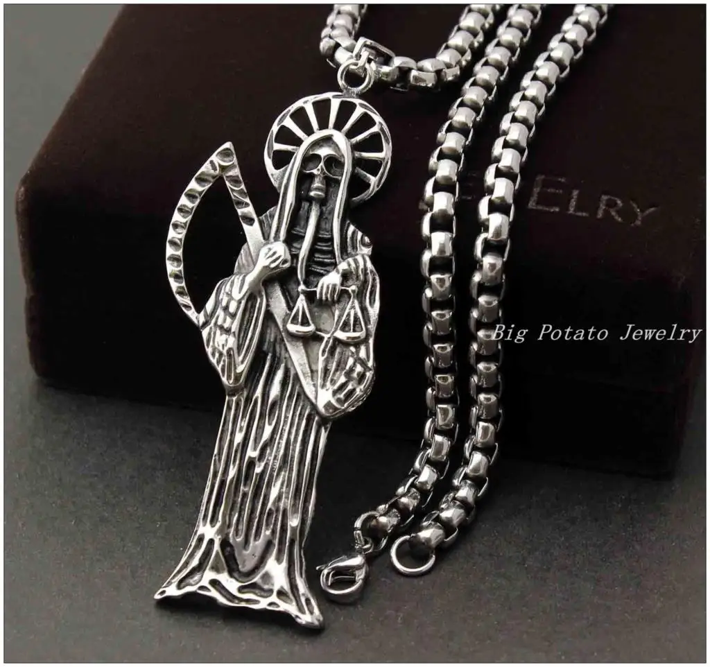 Silver Color Holy Saint Death Santa Muerte Skull Mens Pendant Necklace Stainless Steel Jewelry 24\