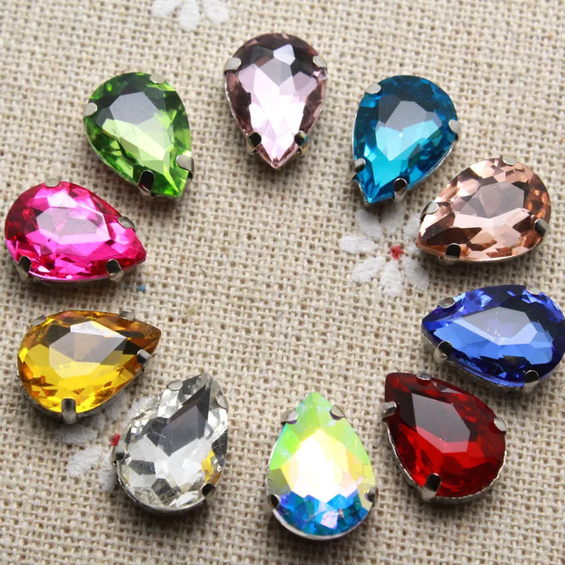 50pcs 10*14mm Crystal Colorful Waterdrop Sew On Rhinestone With Claw Setting Silver Back Fancy Stone With Metal Claw With Holes