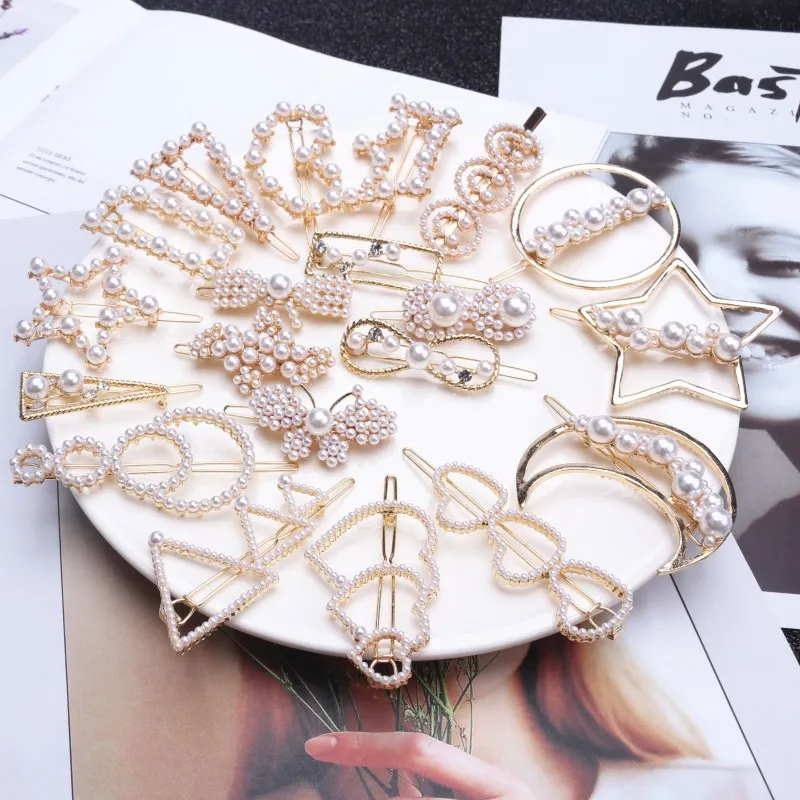 1Pc Fashion Crystal Rhinestones Hairpin Star Triangle Round Shape Women Hair Clips Pearl Barrettes Styling Accessories