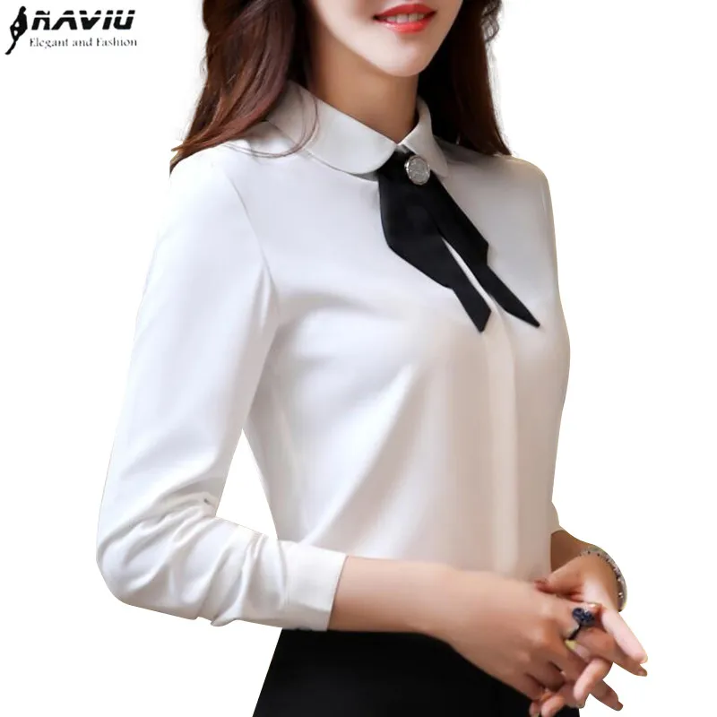 New Spring Elegant Bow Tie Women Shirt White Fashion Clothes Formal Business Slim Chiffon Blouse Office Ladies Plus SizeTops