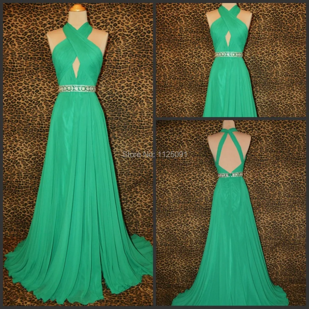 Real Sample Sexy Green Chiffon Evening Gowns Sleeveless Floor Length Open Back Beading Sashes Prom Dress Custom Made