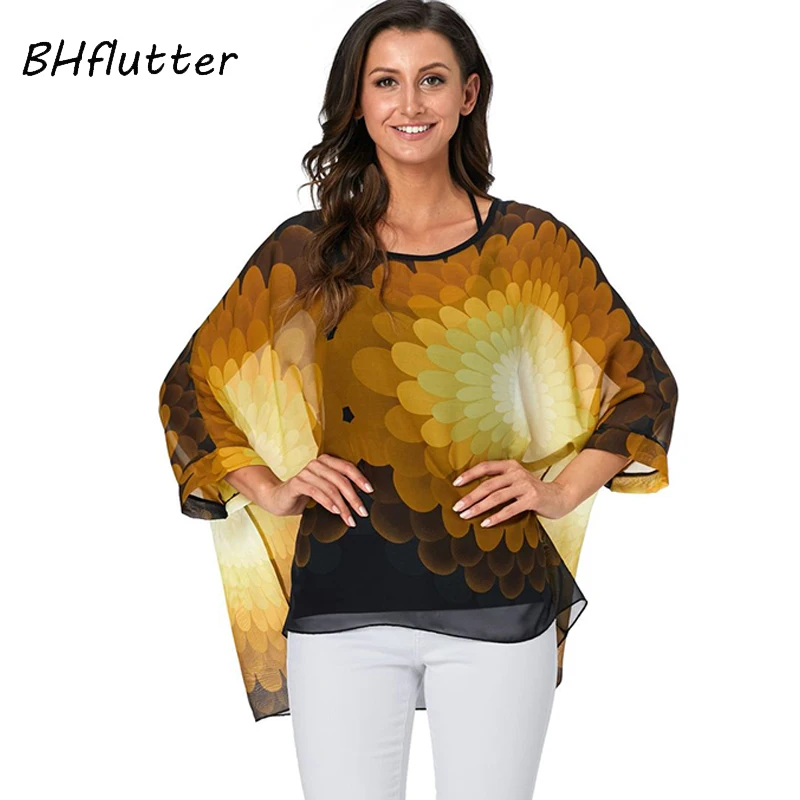 Bhflutter blusa feminina plus size 2019, novo estilo batwing blusa casual de verão, camisa feminina boho camisas de chiffon, tops femme