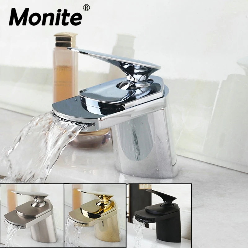 Monite Waterfall Solid Brass Golden Plated Faucets Chrome Black Nickel Basin Bathroom Lavatory Sink Torneira Faucet Mixer Taps