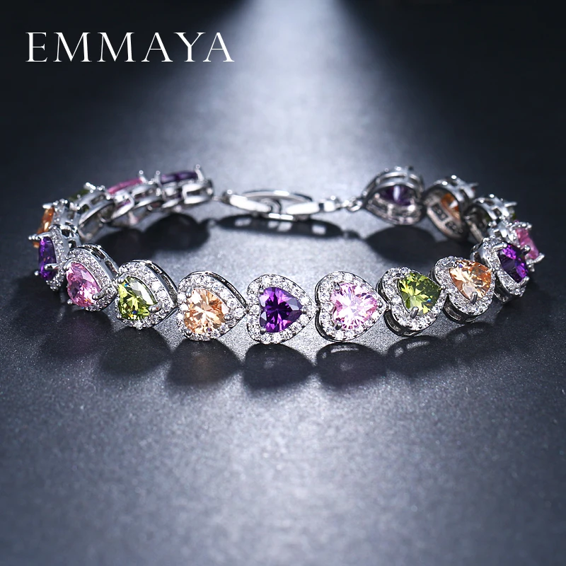 EMMAYA Valentine\'s Gift Shiny Multicolored CZ Zircon Crystal Heart Shaped Woman Girl Bracelet Jewelry