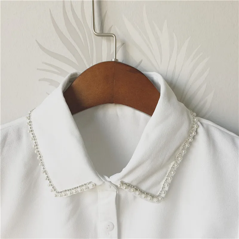 High-grade bead shirt wavy pearl Beaded Ladies Sweaters Decoration Chiffon V-neck turn down detachable pearl collar necklace