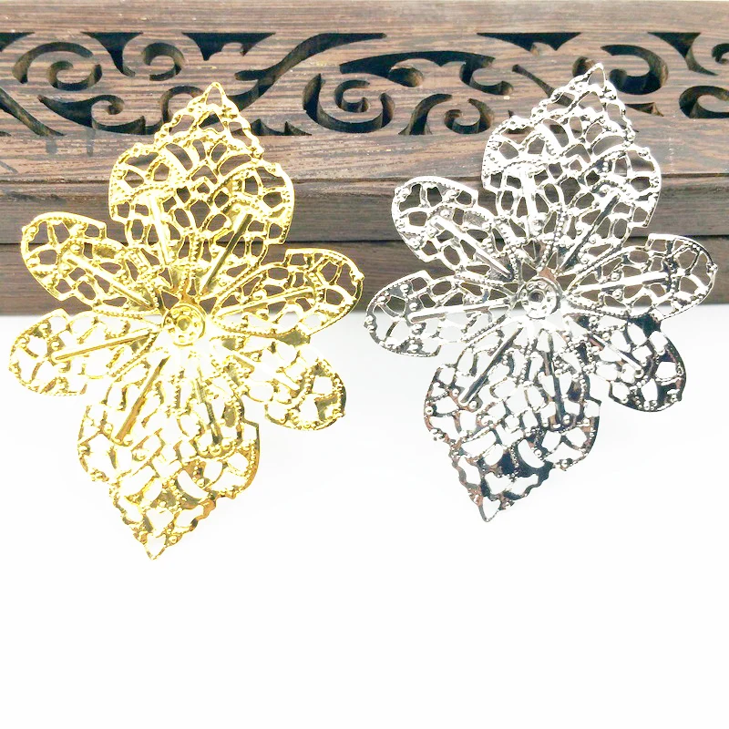 20 sztuk/partia 58x42mm złoty kolor/brokat metalowe filigranowe kwiaty kawałek Charms ustawienie podstawy DIY elementy biżuterii akcesoria cosplay
