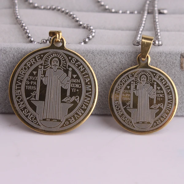 Gold Color Saint Benedict of Nursia Stainless Steel pendant necklaces bead chain for men women wholesale