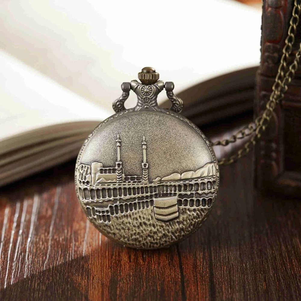 Pair View Pocket Watch Antique Eiffel Tower Bronze Full Hunter Pocket Watches Necklace Fob Clock With Necklace Women Men Gifts