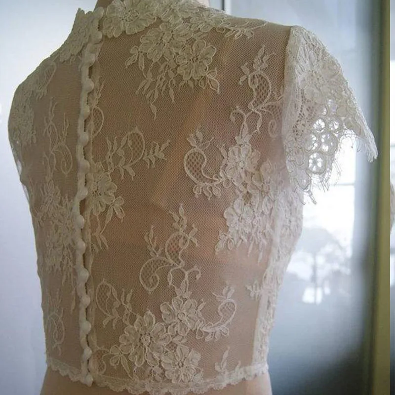 New White Ivory Lace Wedding Shawls Jacket With Cap Sleeves V Neck Bridal Bolero Custom Made Bridal Wraps Shrugs Jackets