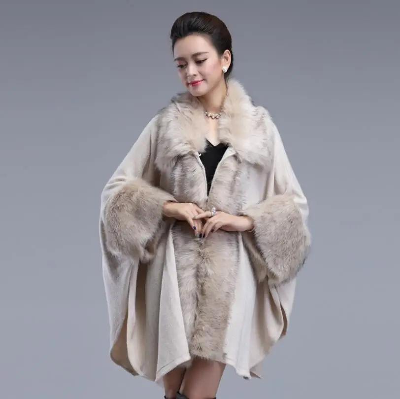 

Europe 2019 autumn winter fashion Faux fur collar shawl coat women plus size warm Faux Cashmere Knit Cardigan Shawl Cloak w707