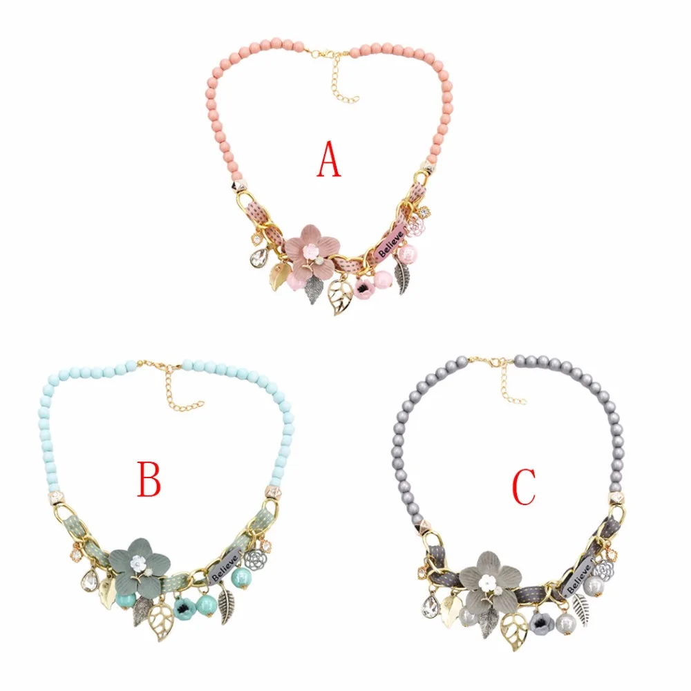 Bohemian Bead Chain Mulriple Flower Acrylic Statement Necklace Ethnic Crystal Leaf Bib Pendant Fashion Necklace for Women Gifts