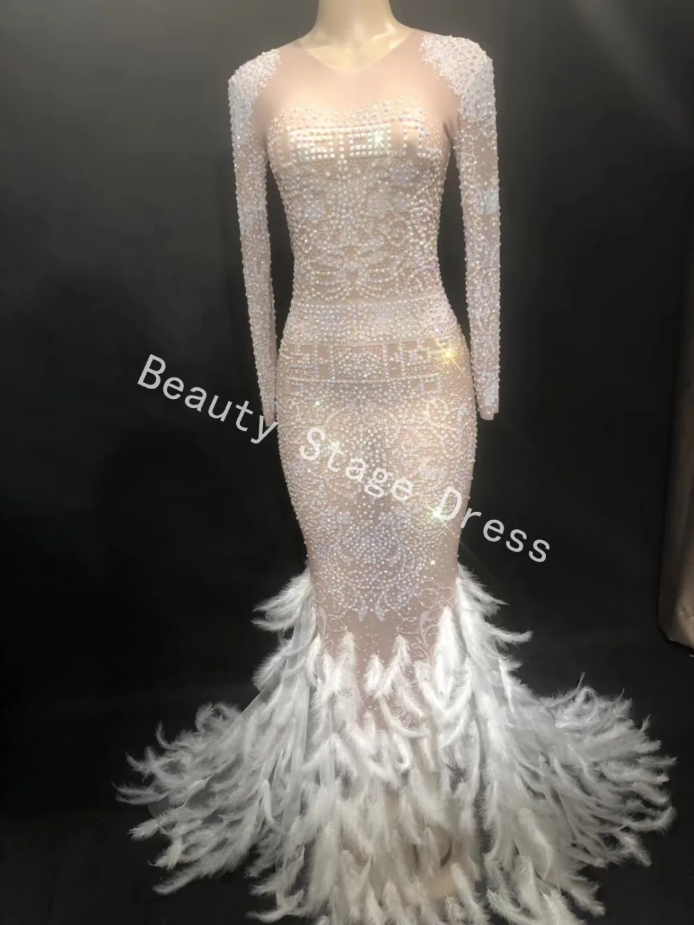 Luxurious Full Pearls Crystal Mesh Dress Glisten Ds Dj Evening Perspective Dress Prom Birthday Celebrate Stones Feather Dresses