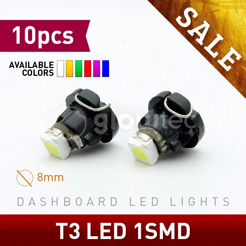 WHOLESALE 10pcs T3 1 SMD 1210 3528 LED 1SMD B8.5D Car Interior Dashboard Light Bulbs LED Auto LED White red blue Green GLOWTEC