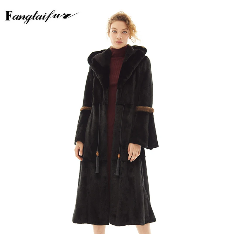 

Ftangaiur Winter Jacket Import Velvet Mink Fur Coat With Fur Hood Sashes Mink Coats For Women's Medium Real Mink Fur Coats