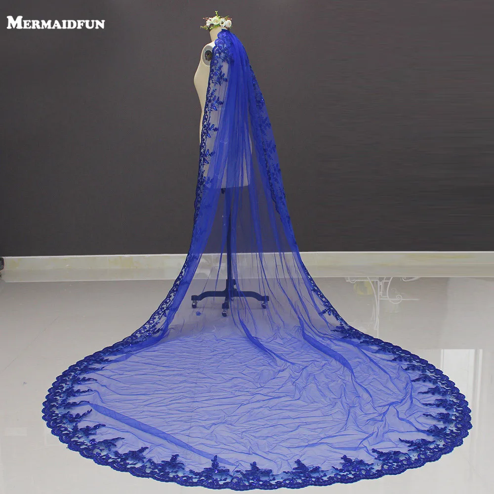 Customized New Royal Blue 3 Meters Bling Sequins Lace Long Cathedral Wedding Veil Colorful Bridal Veil with Comb