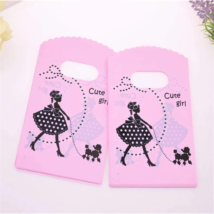 Hot Sale New Style Wholesale 50pcs/lot 9*15cm Pink Mini Plastic Shopping Bags With Cute Girl Birthday Gift Packaging Bags