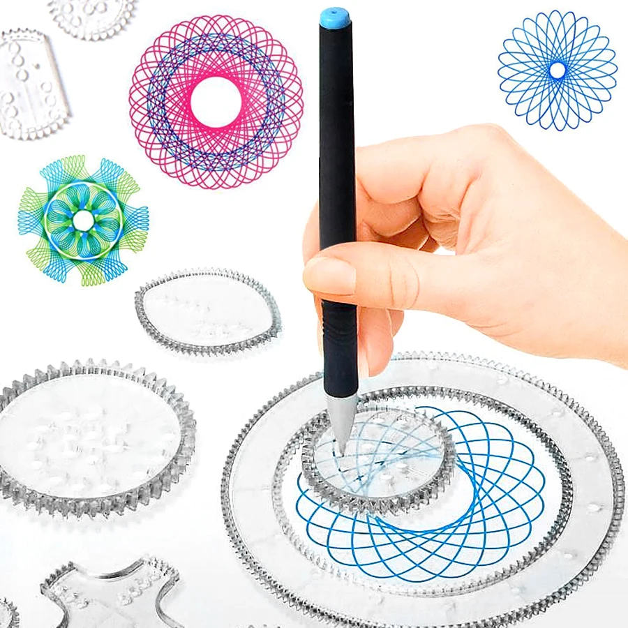 Spiral Drawing Toys Set 22PCS Interlocking Gears & Wheels Drawing Accessories,8pcs blue Ruler Set Educational Toys