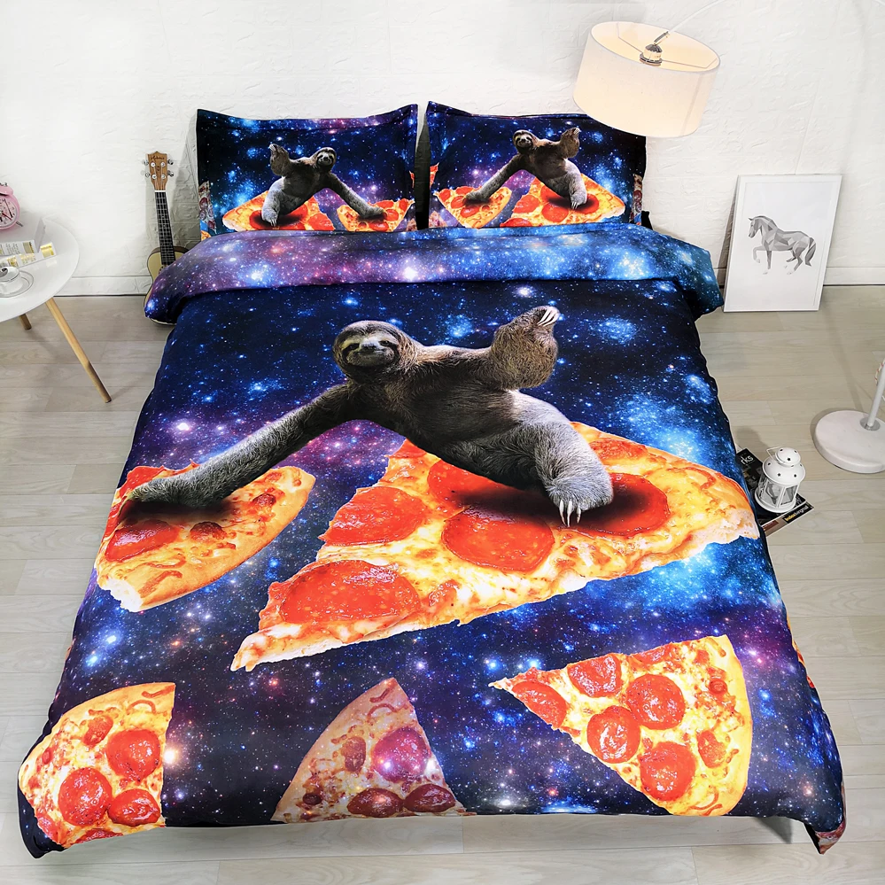

3 Parts Per Set Funny Sloth Surfing the Galaxy Bedsheet Set on Pizza Slice 3d bedding Set