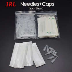 New 1R (needles + tips each 50pcs ) Disposable Tattoo Needles Sterilized Permanent Makeup Machine Eyebrow Needles With Tips Caps