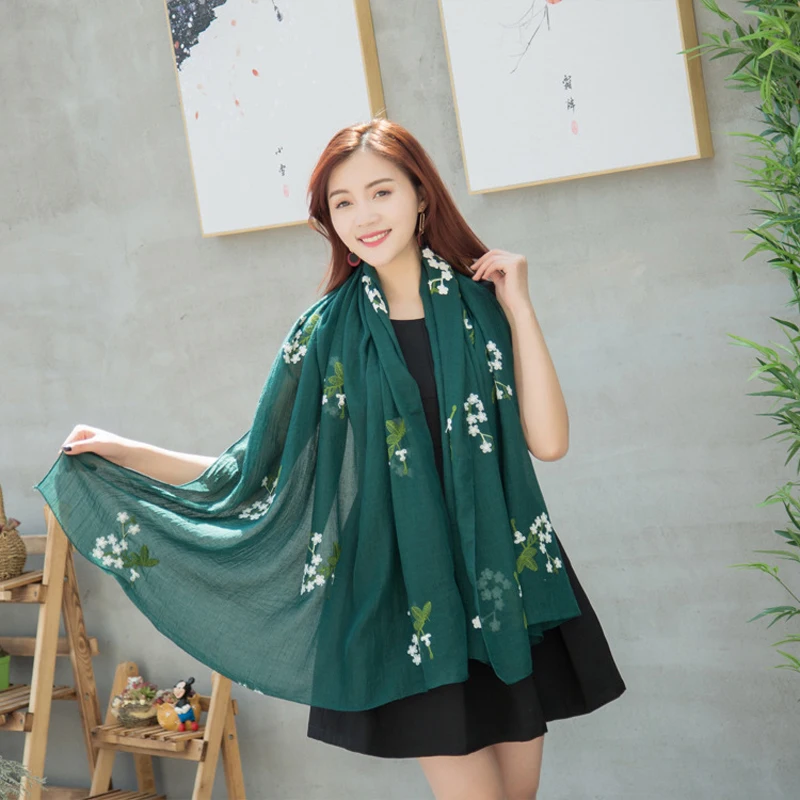 Vintage Style Flower Embroidered Women Scarfs Oversized Long Cotton Linen Casual Retro Shawls and Scarves Ladies Beach Shawl