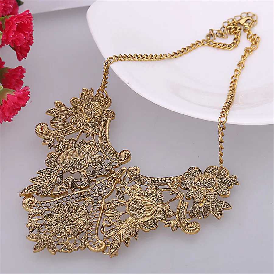 Yidensy Fashion Metal Lace Pendant Bib Necklaces Antique Gold Silver Color Hollow Flower Filigree Choker for Women Party Jewelry