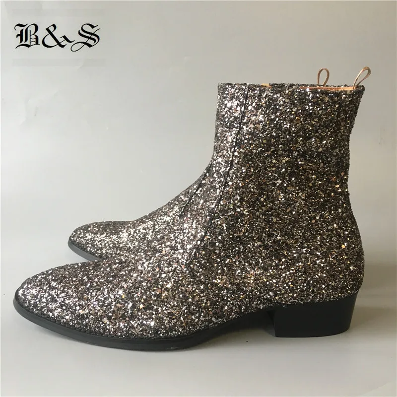 

Black& Street glisten sequined leather Boots personalized wedge denim dress shoes