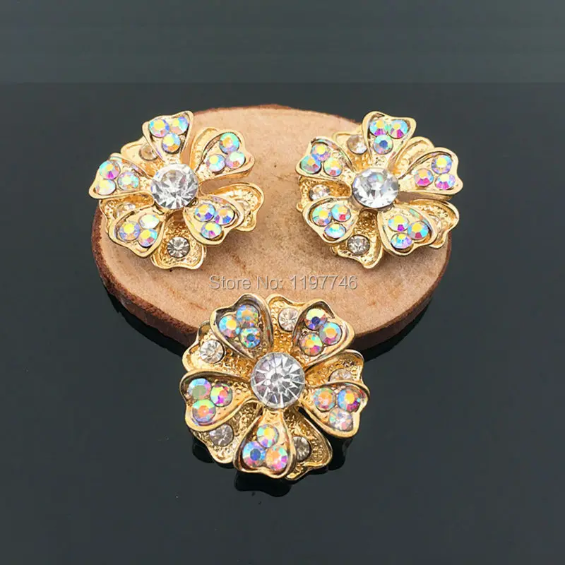 

Gold Tone Flower Bling AB Rhinestone Buttons Jewelry Findings Crystal Flatback Embellishment For Hair Accessories 10pcs 25mm