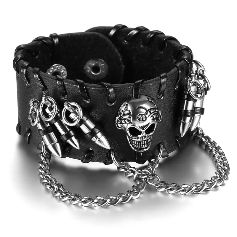 Boniskiss 2020 Punk Rock Black Men Wide Leather Bracelets Gothic Skull Cuff Bangle Skeleton/Bullet Charm Pulseiras Masculinas