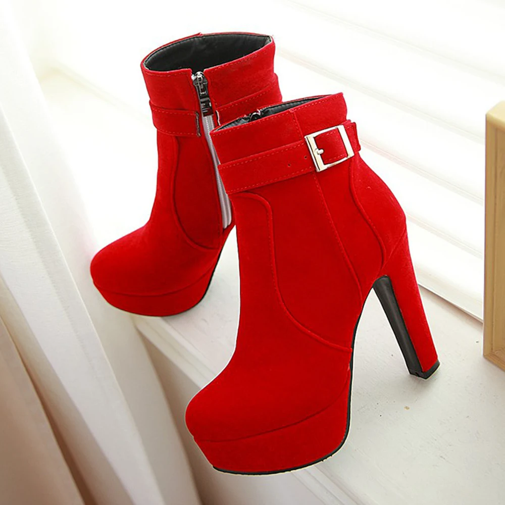 Meotina Female Boots Women Boots Winter Buckle Super High Heel Ankle Boots Zipper Platform Thick Heel Short Shoes Lady Red 33-43