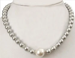 classic jewelry necklace 10mm gray round bead 12mm white pendant Natural SOUTH SEA SHELL PEARL NECKLACE 18'' 45cm