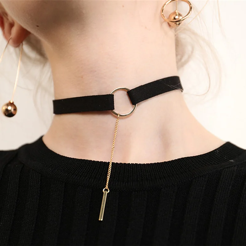 Punk New Fashion 4 Colors Leather Choker Necklace Women Gold Color Geometry With Round Pendant Collar Necklace For Girls Gifts