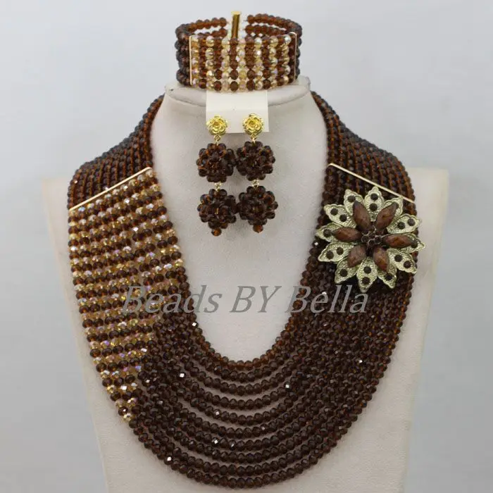 Traditional Brown Crystal Beads African Costume Jewelry Set Nigerian Wedding Necklace Bridal Jewelry Sets Free Shipping ABF824