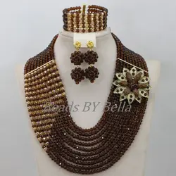 Traditional Brown Crystal Beads African Costume Jewelry Set Nigerian Wedding Necklace Bridal Jewelry Sets Free Shipping ABF824