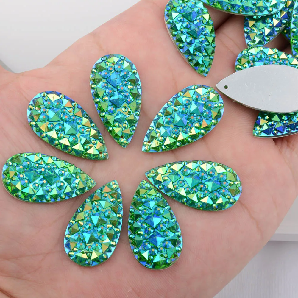 BOLIAO 10Pcs 16*30mm (0.63*1.18 in) AB Color Drop Green Rhinestones Flatback Resin Sew On Craft/Wedding/Home Decoration DIY