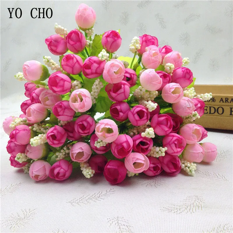 YO CHO Silk Flower 15 Buds Artificial Flowers Fall Beautiful Penoy Roses Bouquet Fake Leaf Wedding Decor Home Christmas Ornament