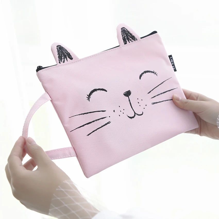 New Cute Kitten Shape Canvas Handbag A4 Paper Holder File Folder Zipper Bag Cartoon School Office Supplies Data Document Storage