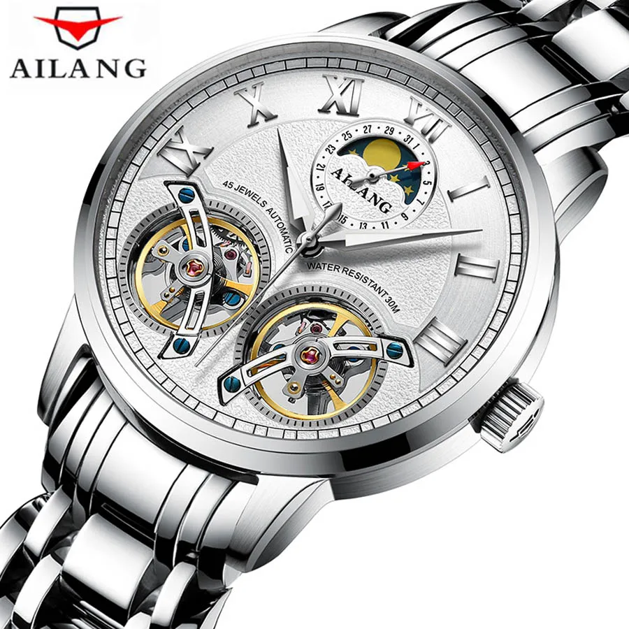 AILANG top luxury brand men\'s automatic watch quality business waterproof expensive double tourbillon mechanical watches fashion