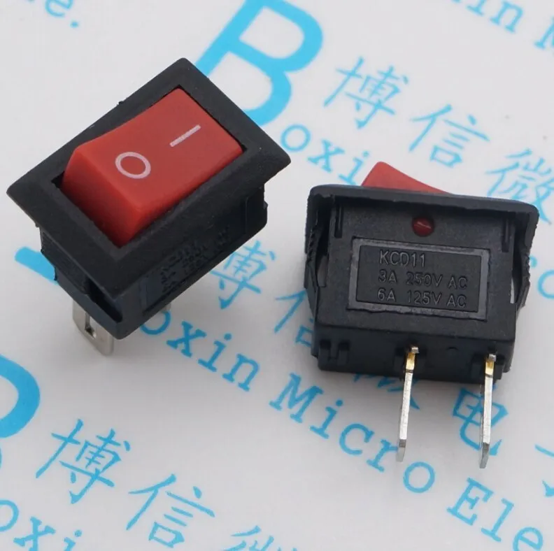 20 Stks/partij 10*15Mm Rood Hoofd Kcd1-11 15*10Mm 250Vac 3A 2Pin Rocker Switch