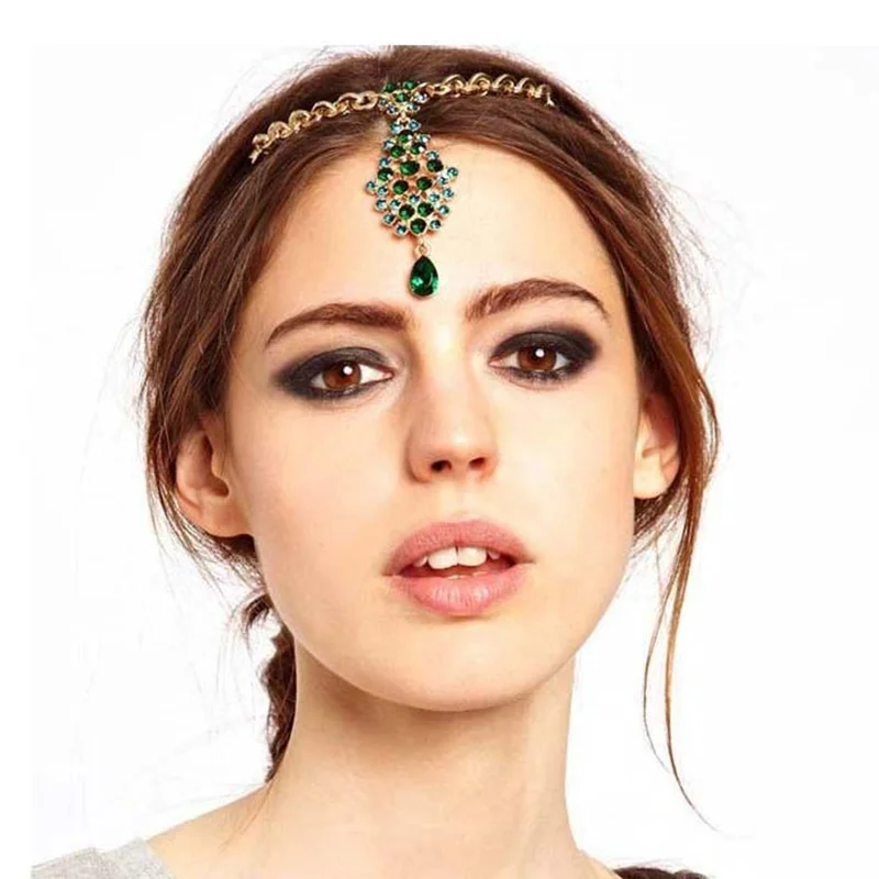FORSEVEN Indian Head Jewelry Green/White Color Crystal Drop Forehead Hairpin Headpieces Headbands for Women Girl Bride Noiva